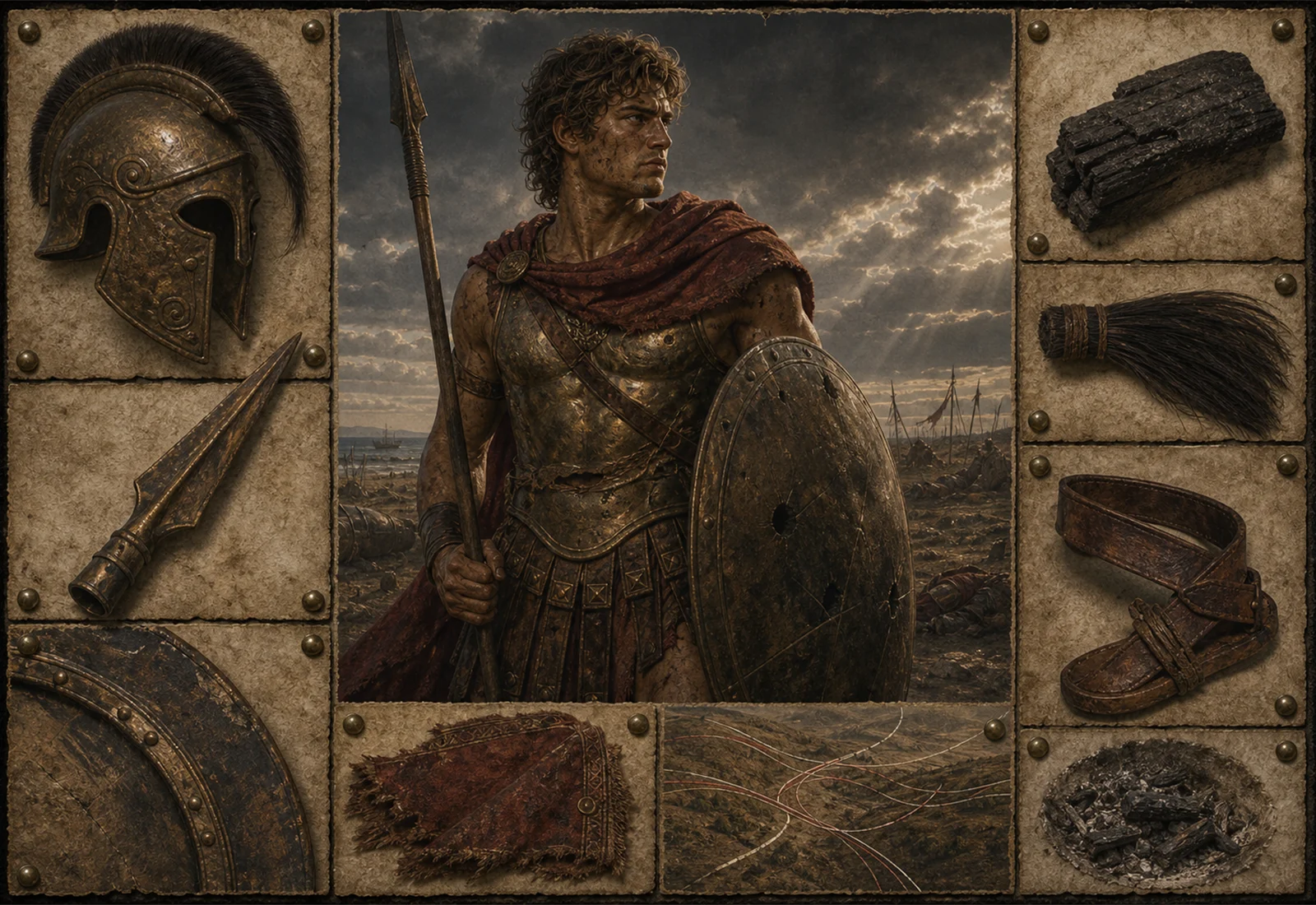 Archive reference plate of Achilles with armor, spear, shield, shore, and Trojan War material studies.