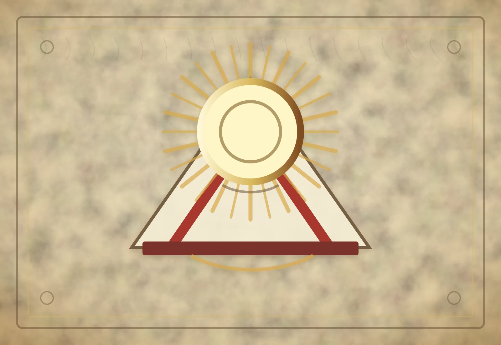 Archival-style illustration of a radiant mirror sun above a quiet shrine threshold.