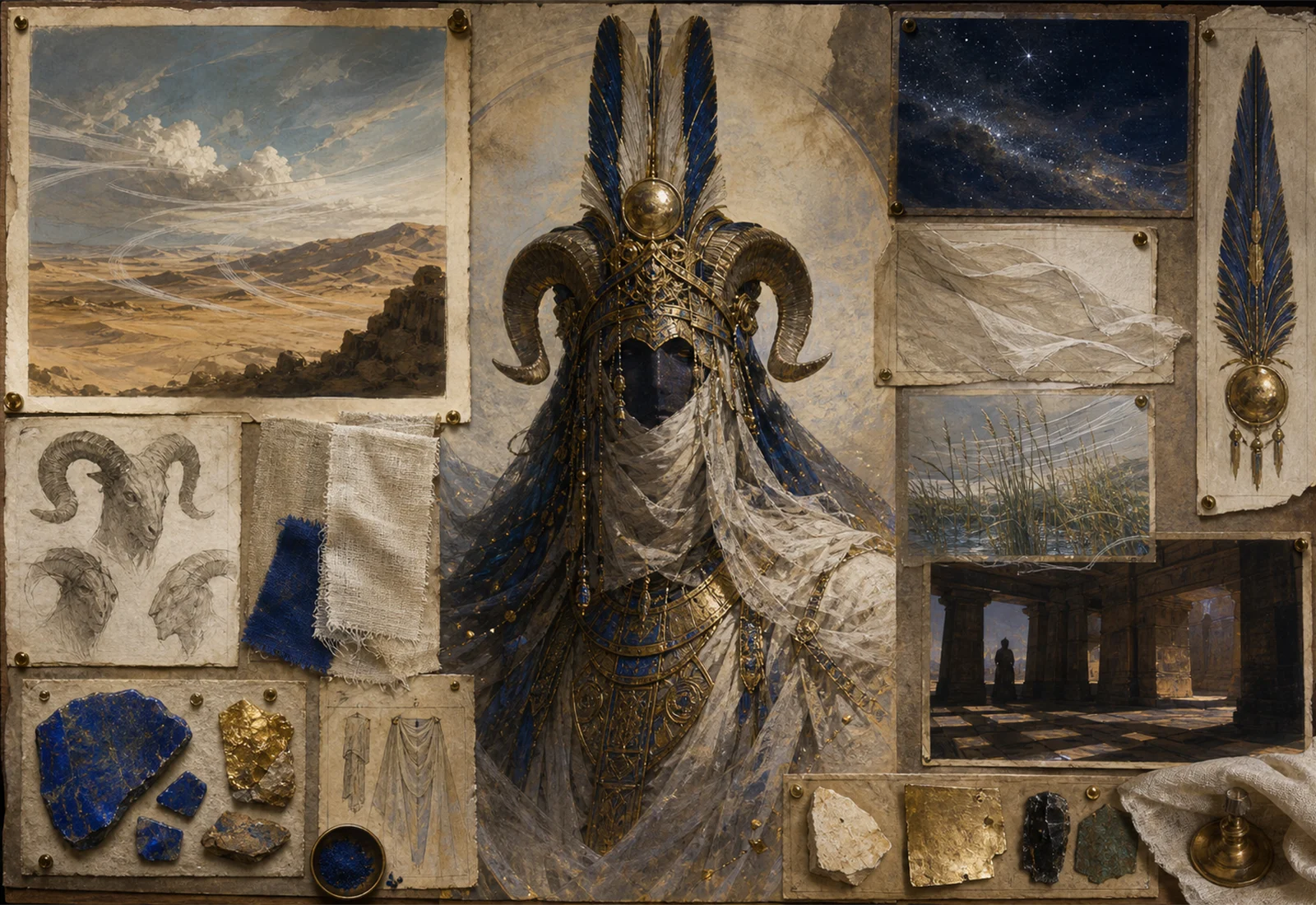 Archive reference plate of Amun with ram-horned hidden god imagery, desert, blue stone, and temple studies.