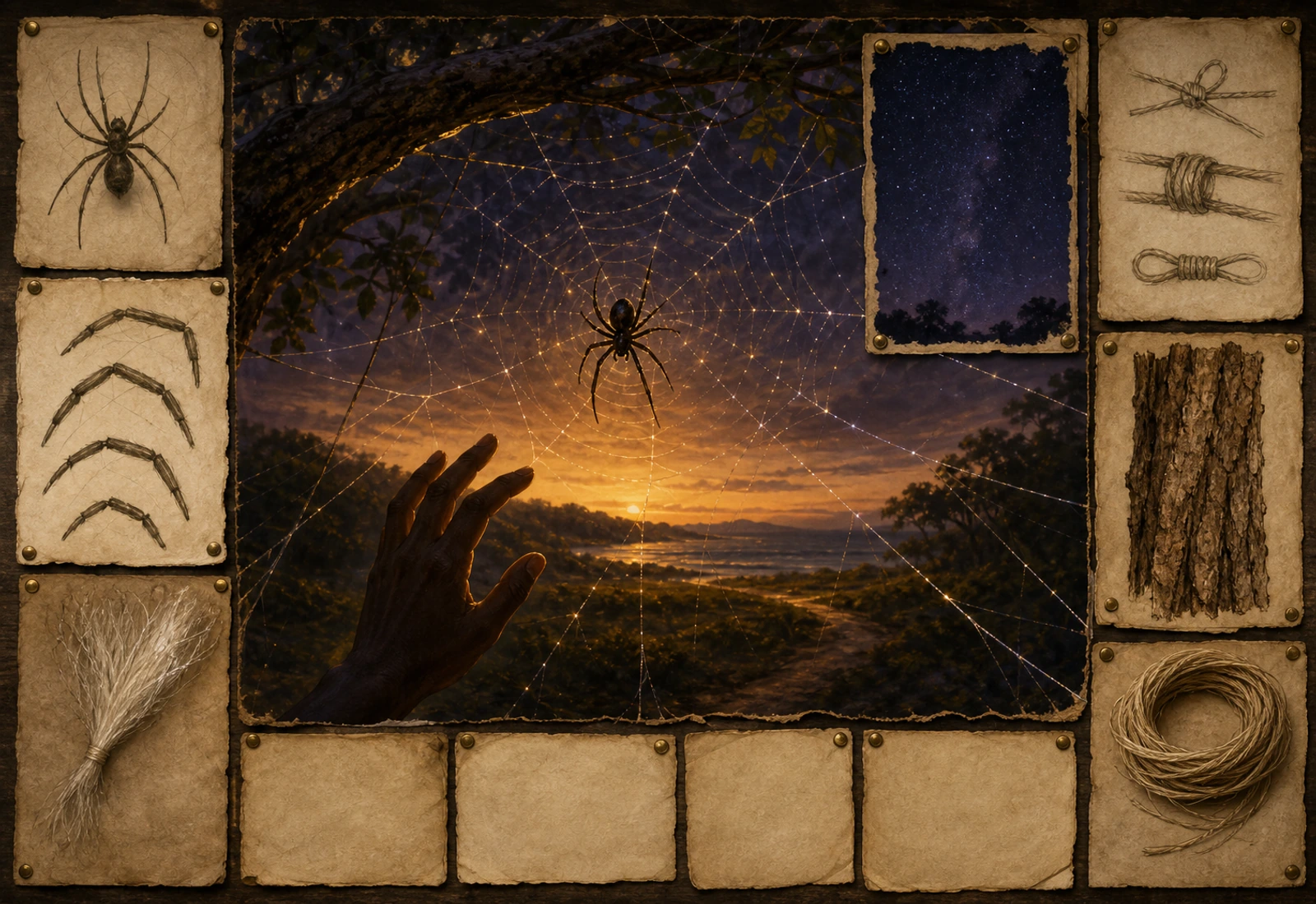 Archival-style night plate showing Anansi through spider, web, hand, bark, thread, and story-line studies.