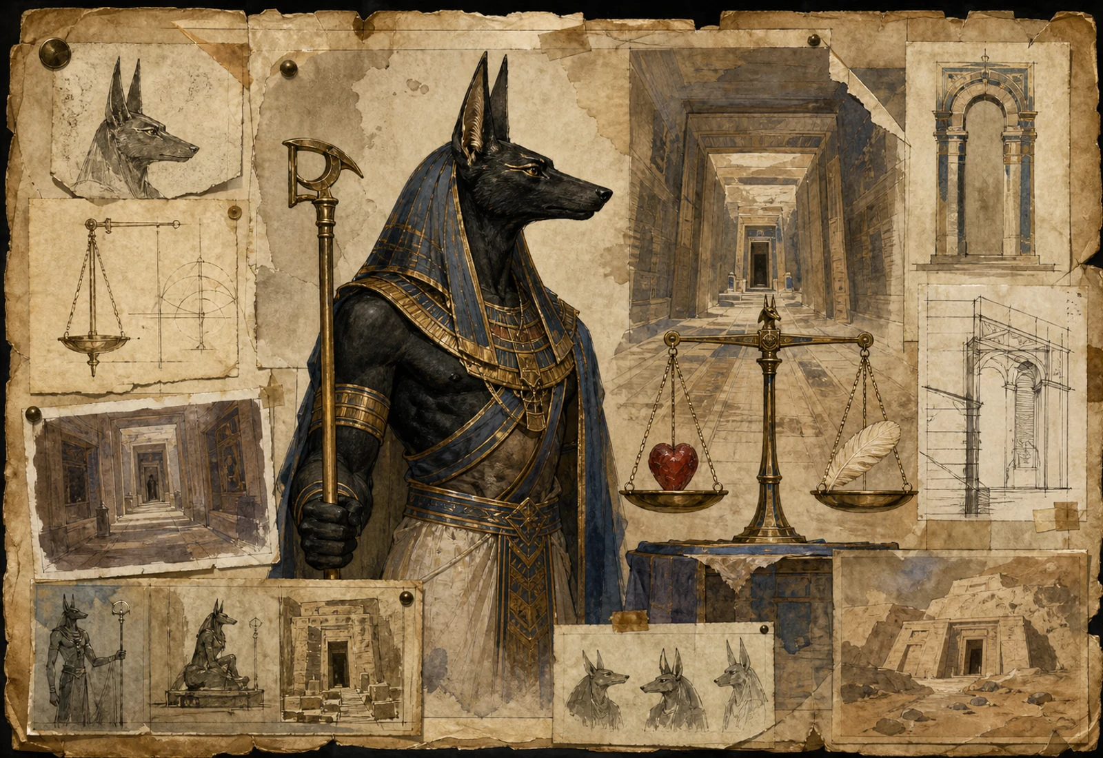 Archival-style illustration of Anubis symbols with a black jackal head, gold heart motif, and balance scale.