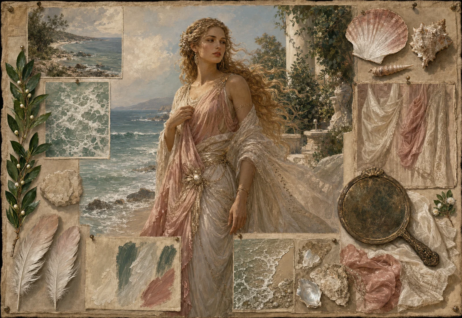 Archive reference plate of Aphrodite with sea, shell, fabric, mirror, and garden material studies.