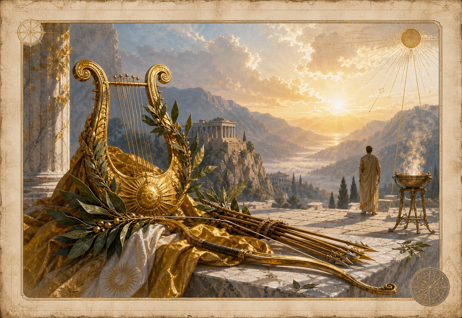Archival-style sanctuary plate for Apollo with golden lyre, laurel, tripod, sunrise, mountain temple, and oracle studies.