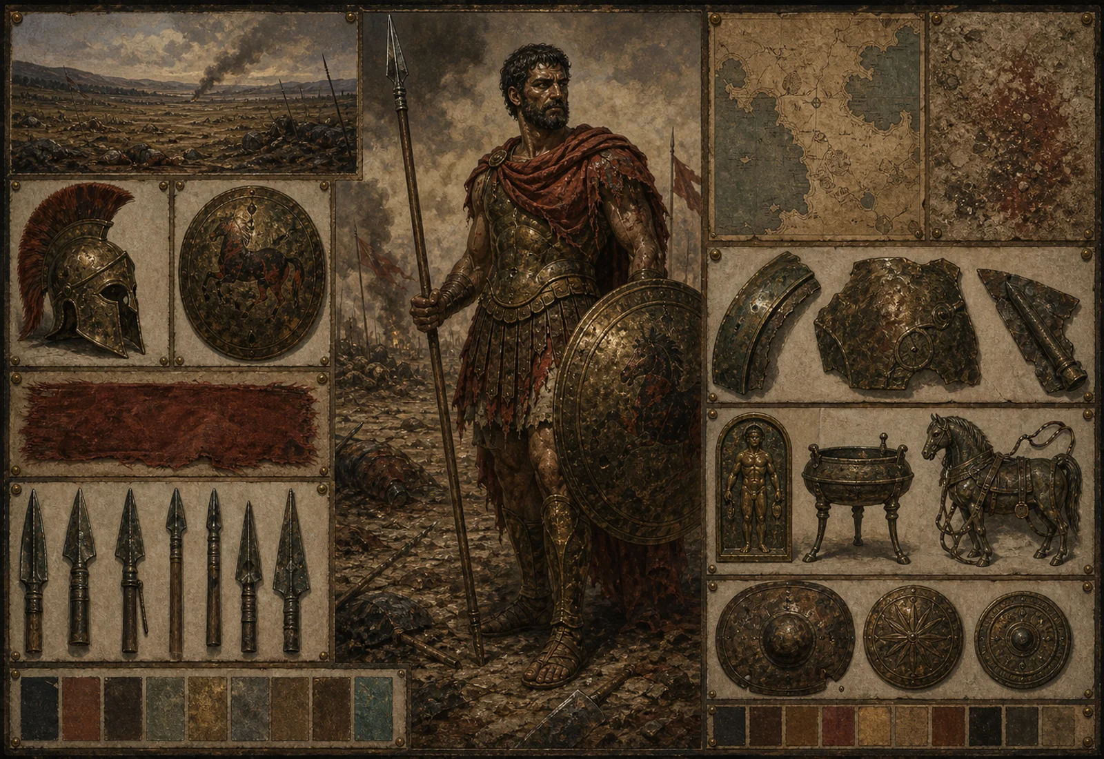 Archival-style war-field plate for Ares with spear, shield, raven, armor, battlefield plain, and bronze weapon studies.