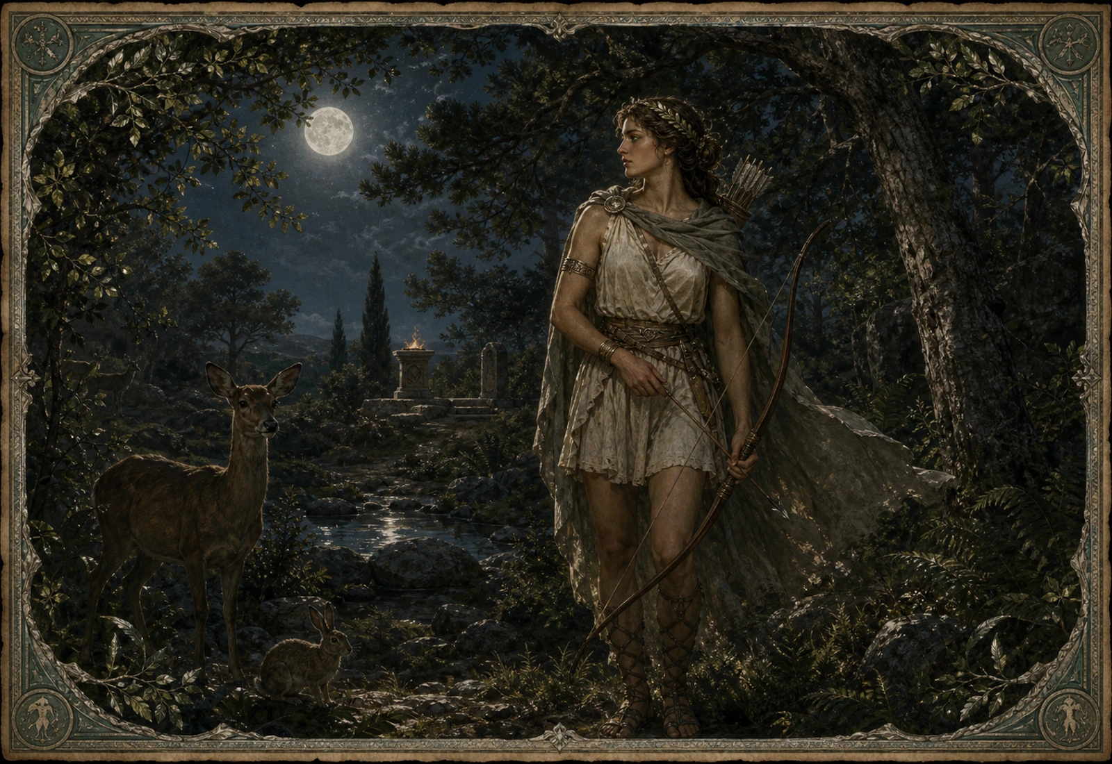 Archival-style wilderness plate showing Artemis through moon, bow, deer, cypress, and sanctuary-edge studies.