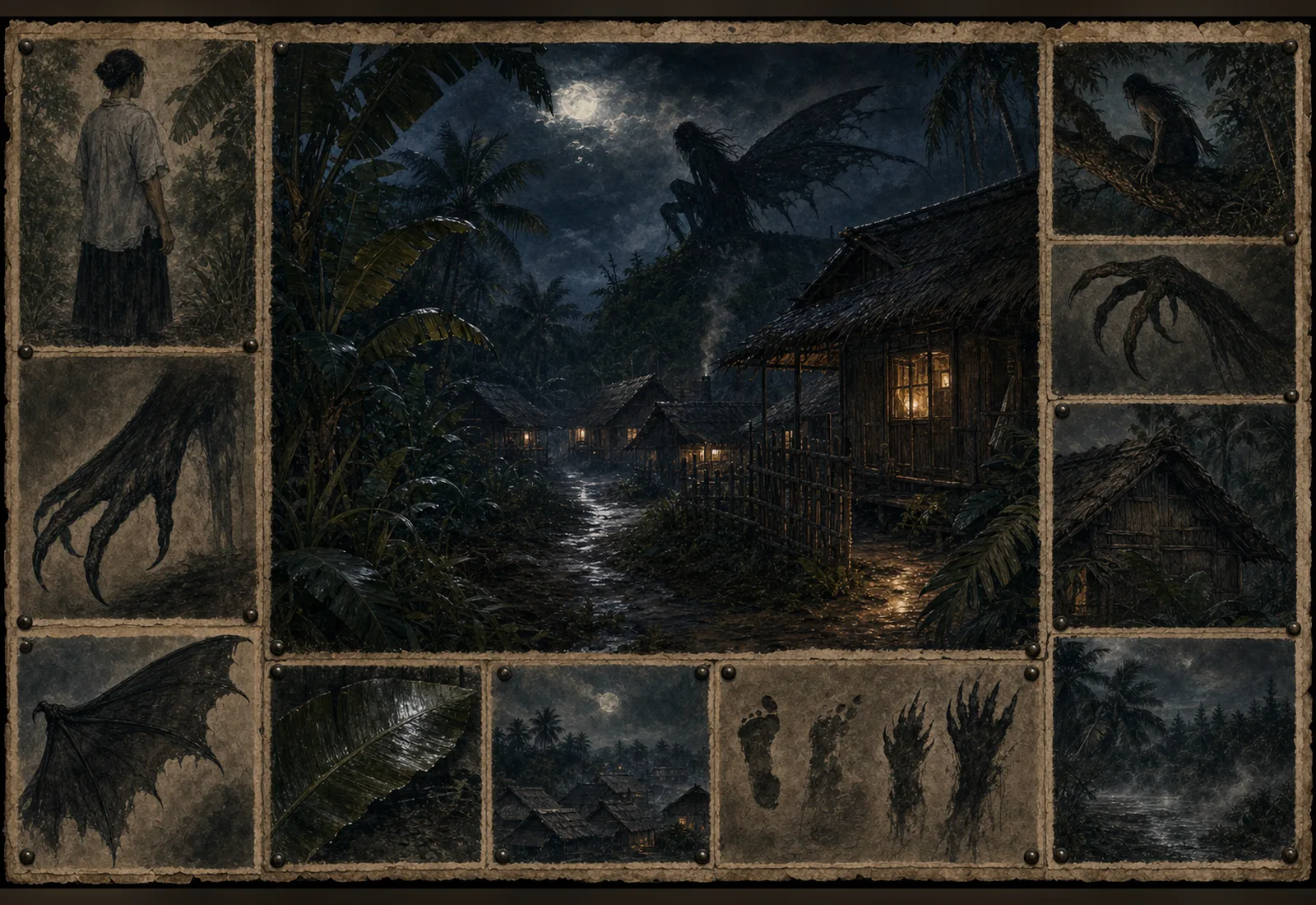 Archival-style Philippine village night plate showing Aswang through shadow, wing, root, and house-detail studies.