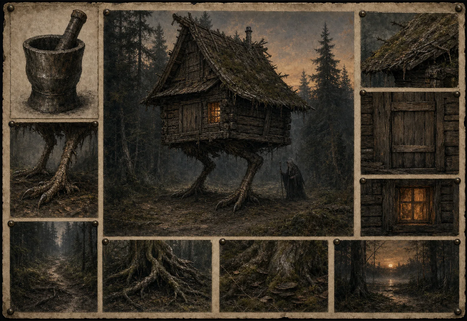 Archival-style forest plate showing Baba Yaga's chicken-legged hut with mortar, roots, and woodland threshold studies.