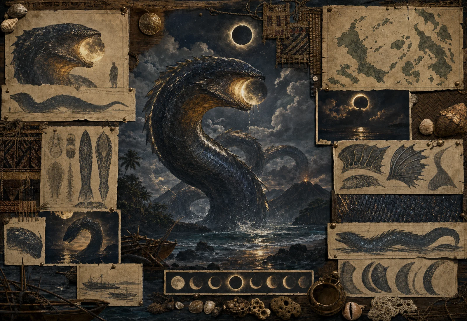 Archival-style eclipse-serpent plate for Bakunawa with sea dragon, dark moon, waves, phases, scales, and island studies.