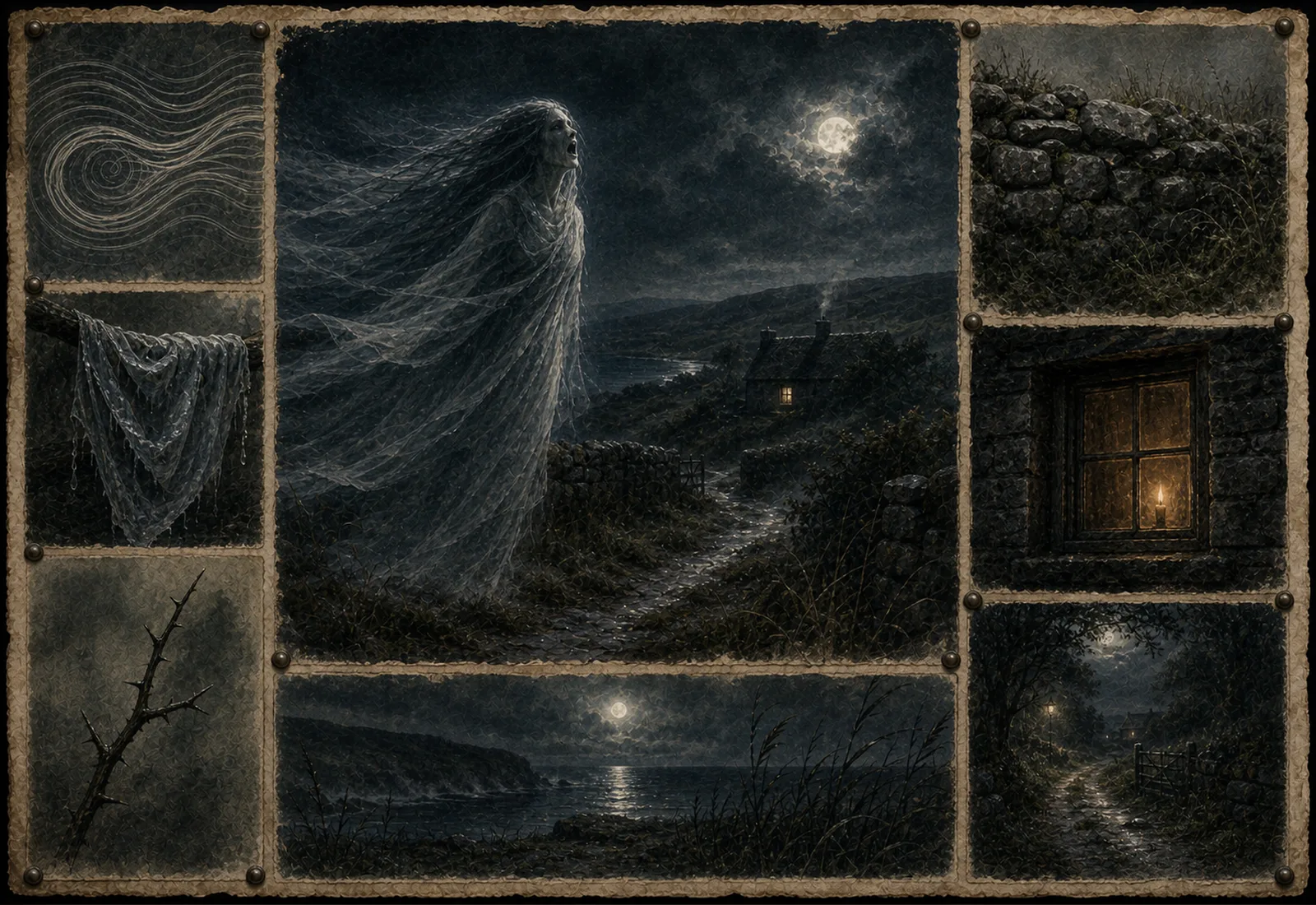 Archival-style night landscape plate showing a Banshee figure with wind, cloth, stone wall, and coastal moon studies.