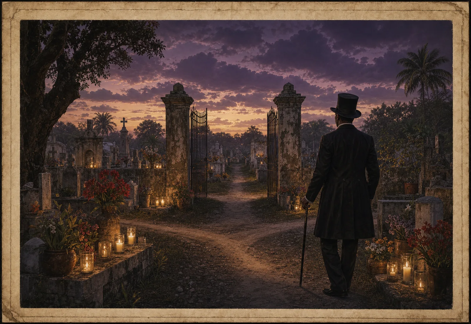 Archival-style threshold plate for Baron Samedi with a restrained cemetery path, black-hatted silhouette, candles, gate, and dusk studies.