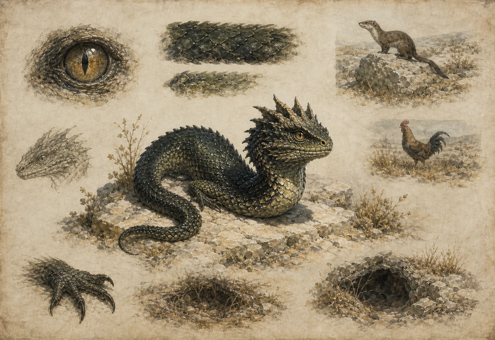 Archival-style natural-history plate showing a basilisk serpent with eye, scale, footprint, scrub, and weasel-enemy studies.