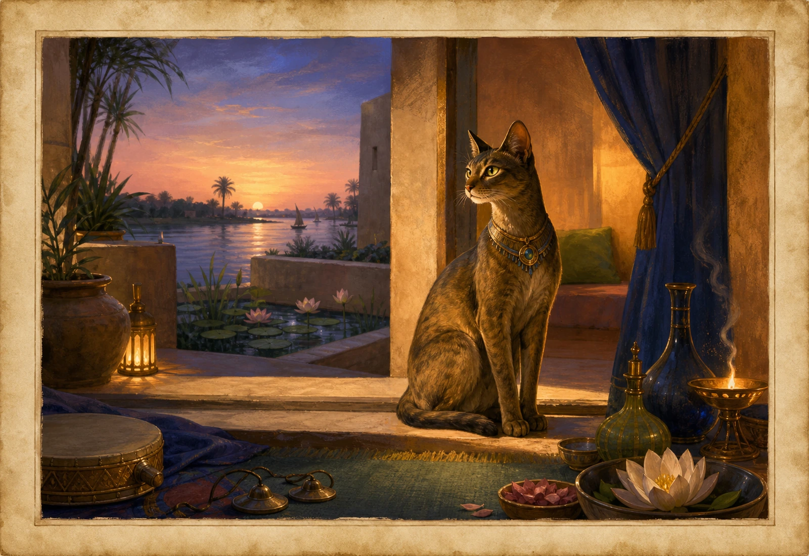 Archival-style temple-room plate for Bastet with cat guardian, lotus, lamp, perfume vessel, Nile sunset, and domestic-protection studies.