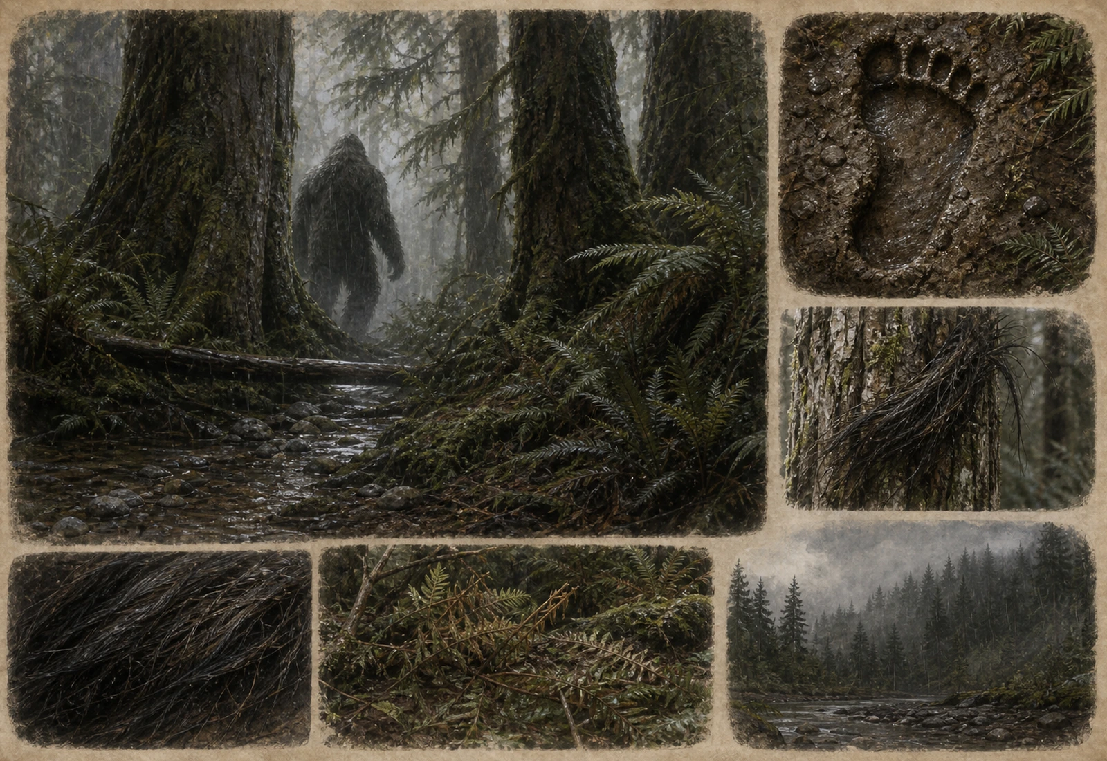 Archival-style cryptid evidence plate for Bigfoot with forest silhouette, footprints, bark, moss, dark trail, and mist studies.