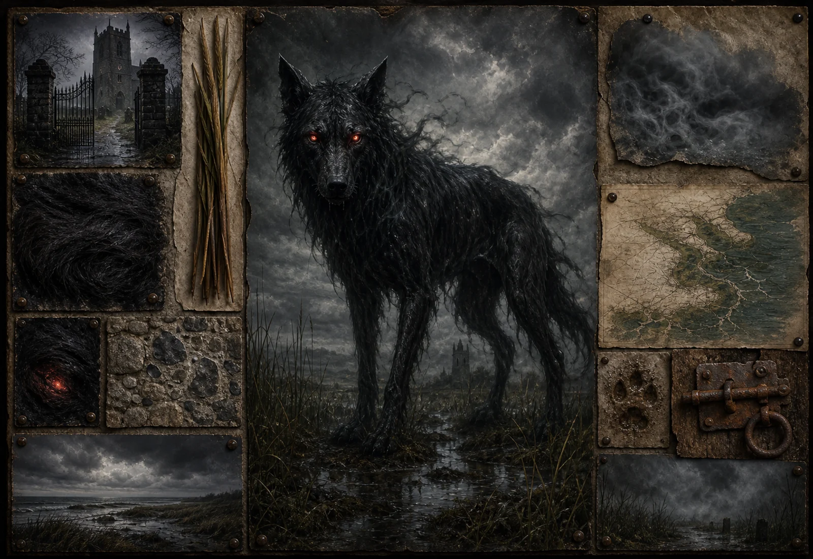 Archive reference plate of Black Shuck with a stormy black hound, churchyard, coast, and track studies.