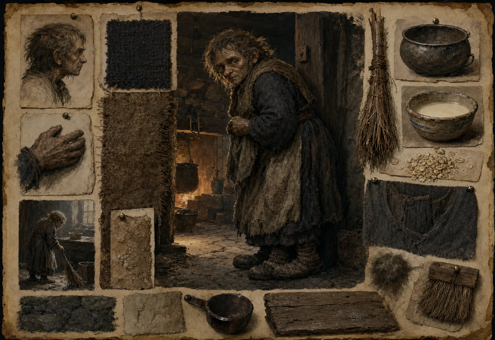 Archive reference plate of Brownie in a hearth interior with bowls, cloth, grain, and household studies.