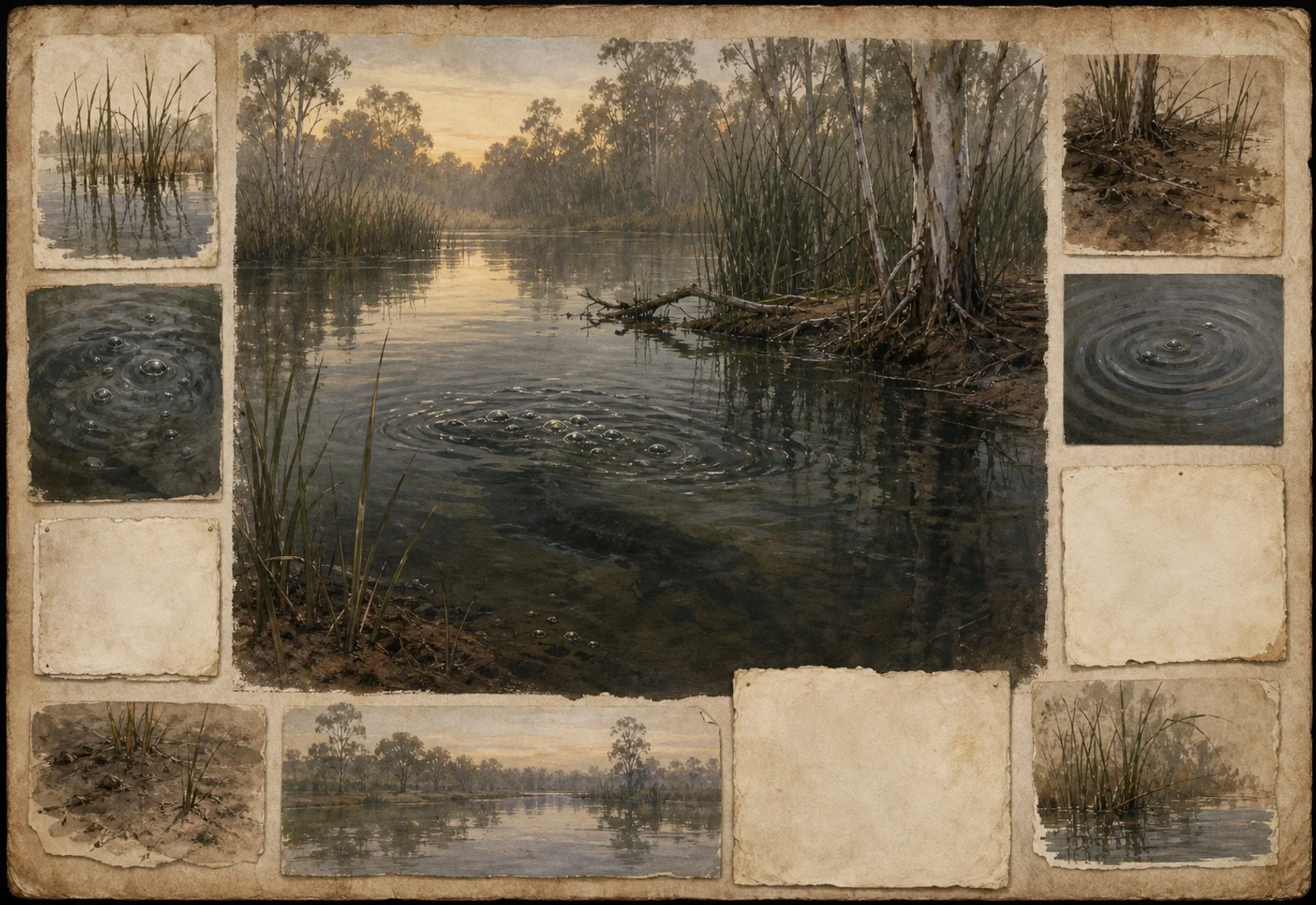 Archival-style wetland plate for Bunyip with quiet lagoon, reeds, ripple circles, mud, bark, and waterhole studies.