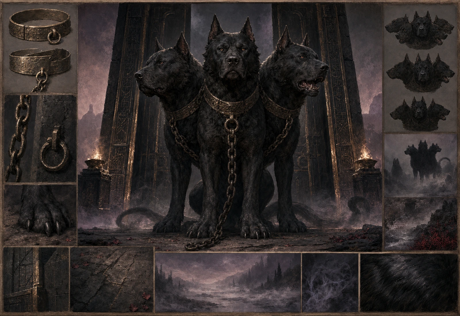 Archival-style illustration of Cerberus guarding an underworld threshold with hound heads and stone gate studies.