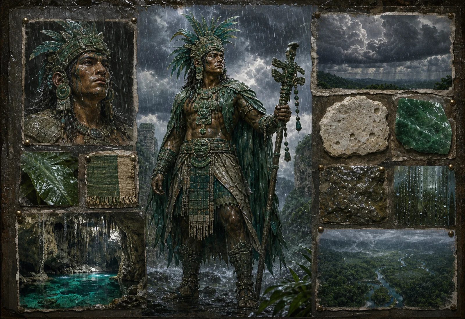 Archive reference plate of Chaac with rain, storm clouds, green stone, and wet landscape studies.