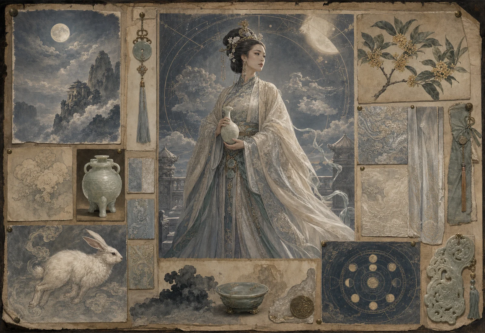 Archive reference plate of Chang'e with moonlit robes, jade rabbit, vessel, lunar sky, and botanical studies.