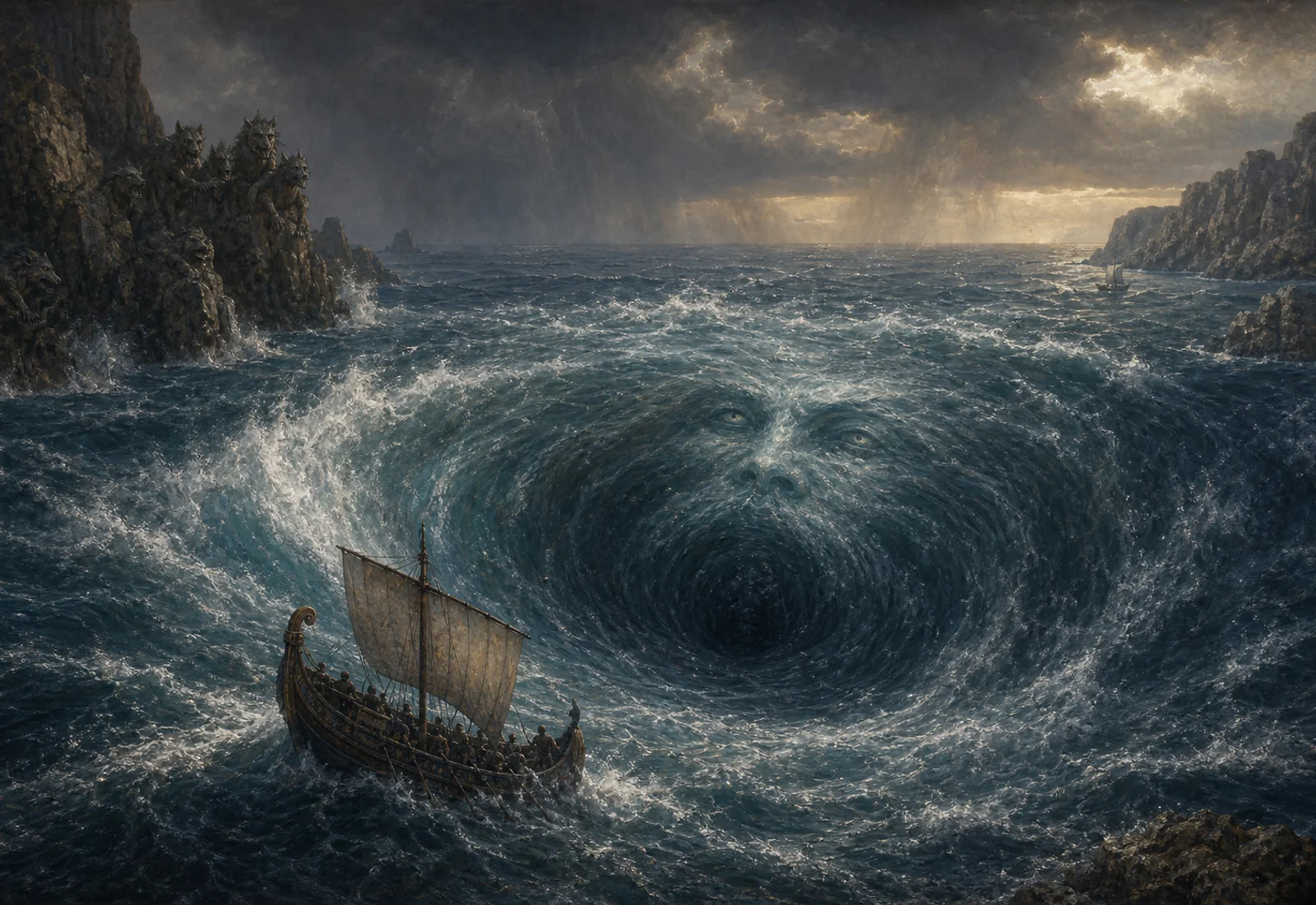 Archival-style sea-passage plate for Charybdis with a vast whirlpool, small ship, cliffs, storm horizon, and dangerous-current studies.