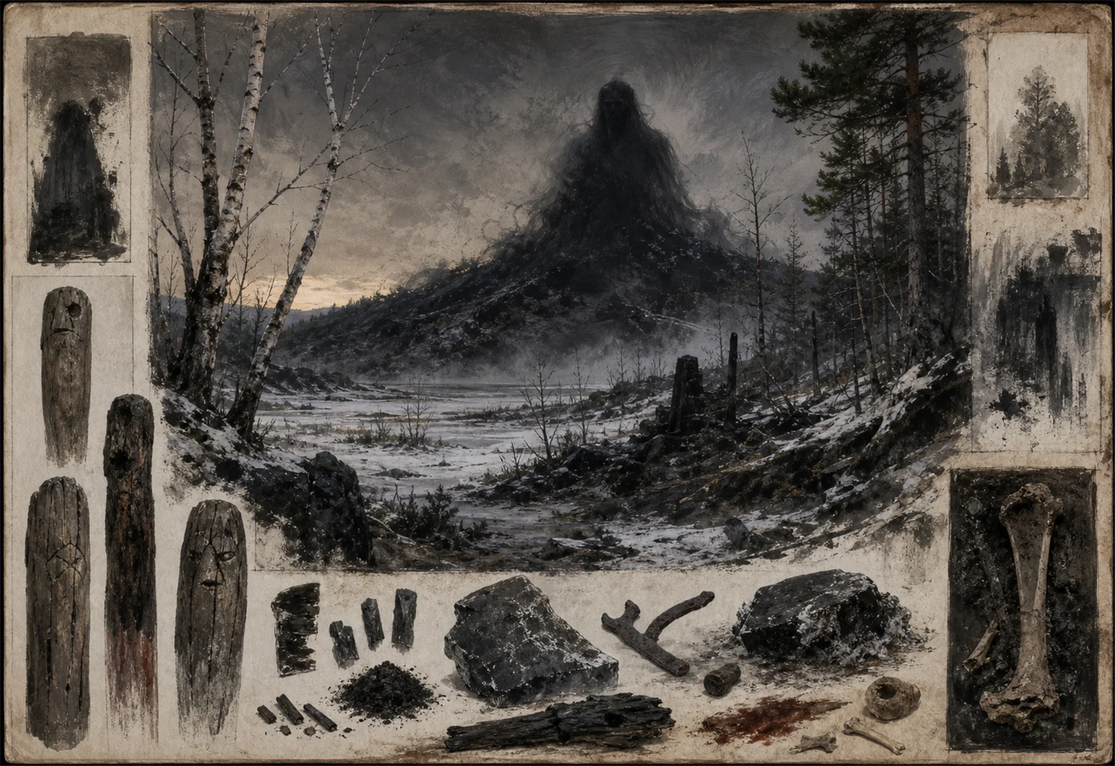 Archive reference plate of Chernobog as a contested dark figure with winter landscape, charcoal, and shadow studies.