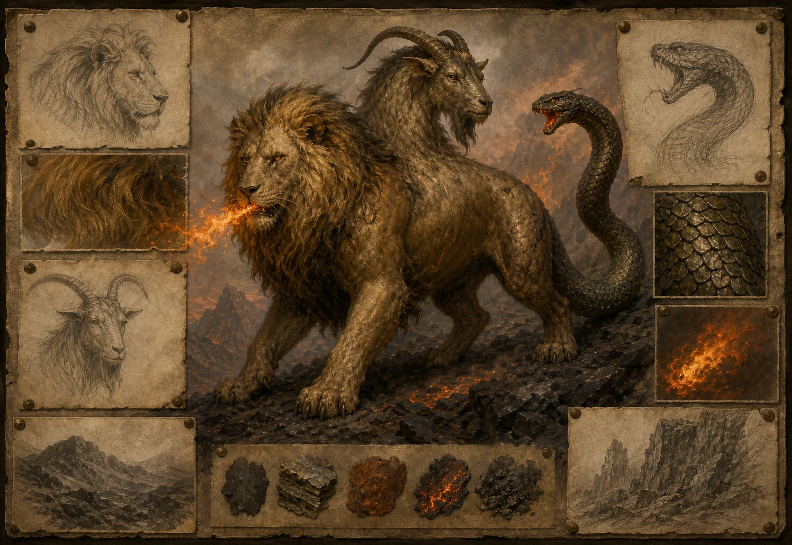 Archival-style Lycia plate showing the Chimera with lion, goat, serpent, fire, mountain, and texture studies.