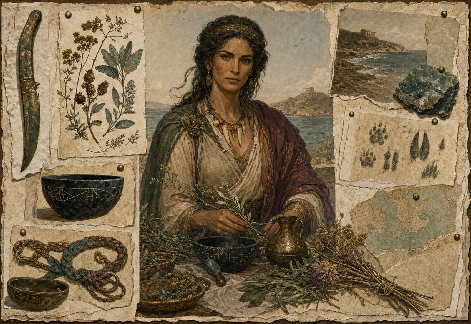 Archive reference plate of Circe with island herbs, cup, serpent, bowl, and transformation studies.