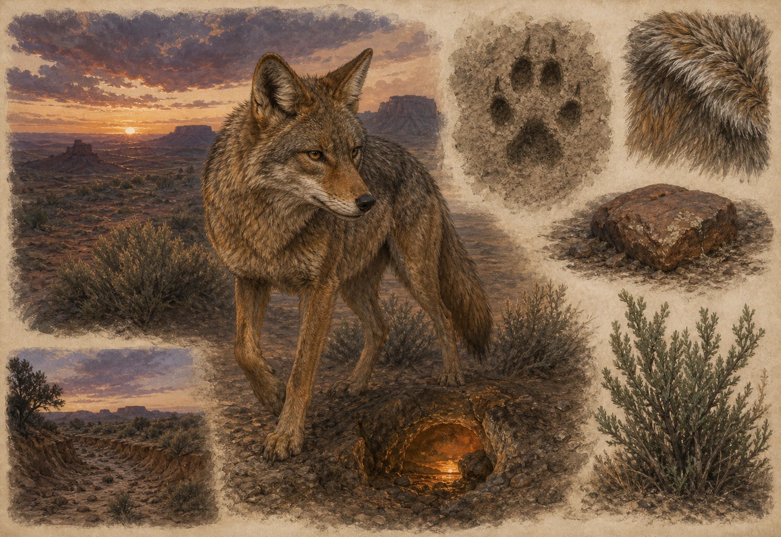 Archival-style desert-edge plate showing Coyote Trickster with sunset, track, sagebrush, fur, firelight, and landscape studies.