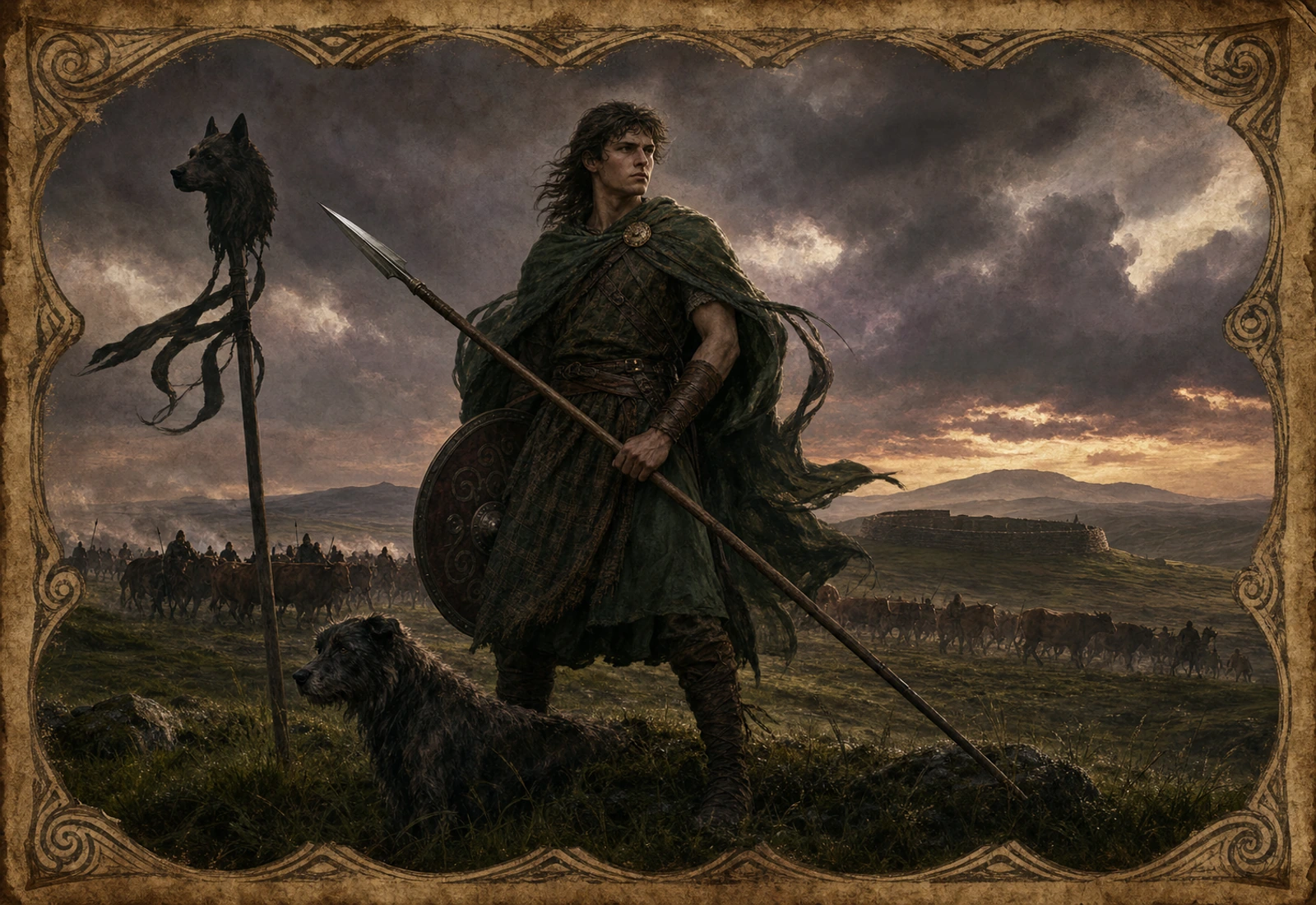 Archival-style Irish epic plate showing Cu Chulainn through spear, shield, standing stone, hound, and battlefield studies.