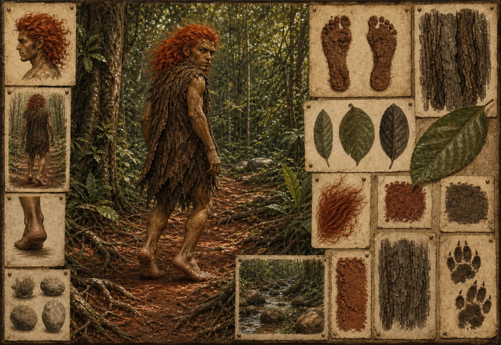 Archive reference plate of Curupira with red hair, reversed footprint studies, leaves, bark, and forest path fragments.
