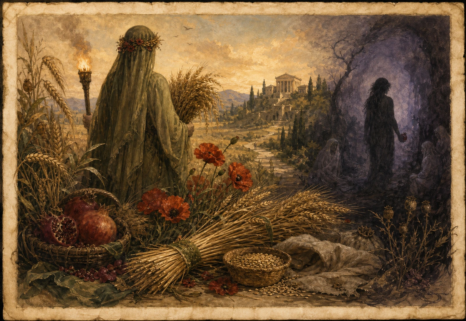 Archival-style harvest plate for Demeter with grain sheaf, poppies, basket, torch, shadowed doorway, and seasonal field studies.