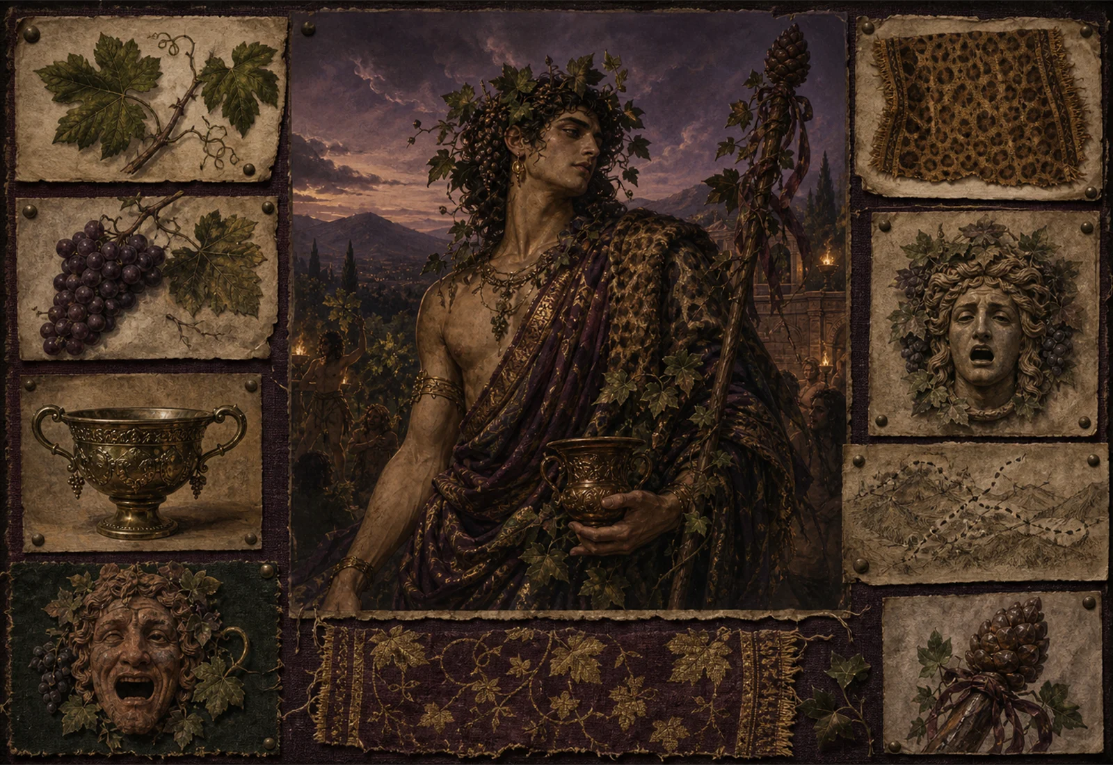 Archive reference plate of Dionysus with vine, cup, mask, leopard texture, and dusk festival studies.