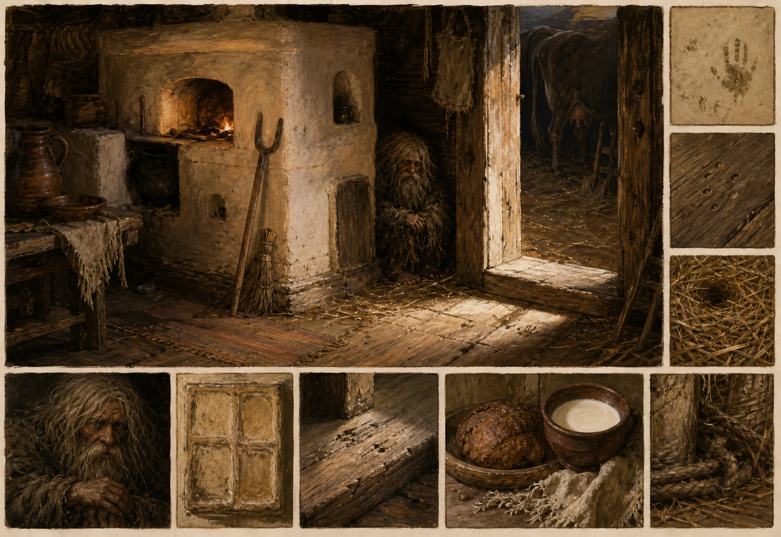 Archival-style household-spirit plate for Domovoi with stove, threshold, broom, bread, wood grain, and hearth-corner studies.