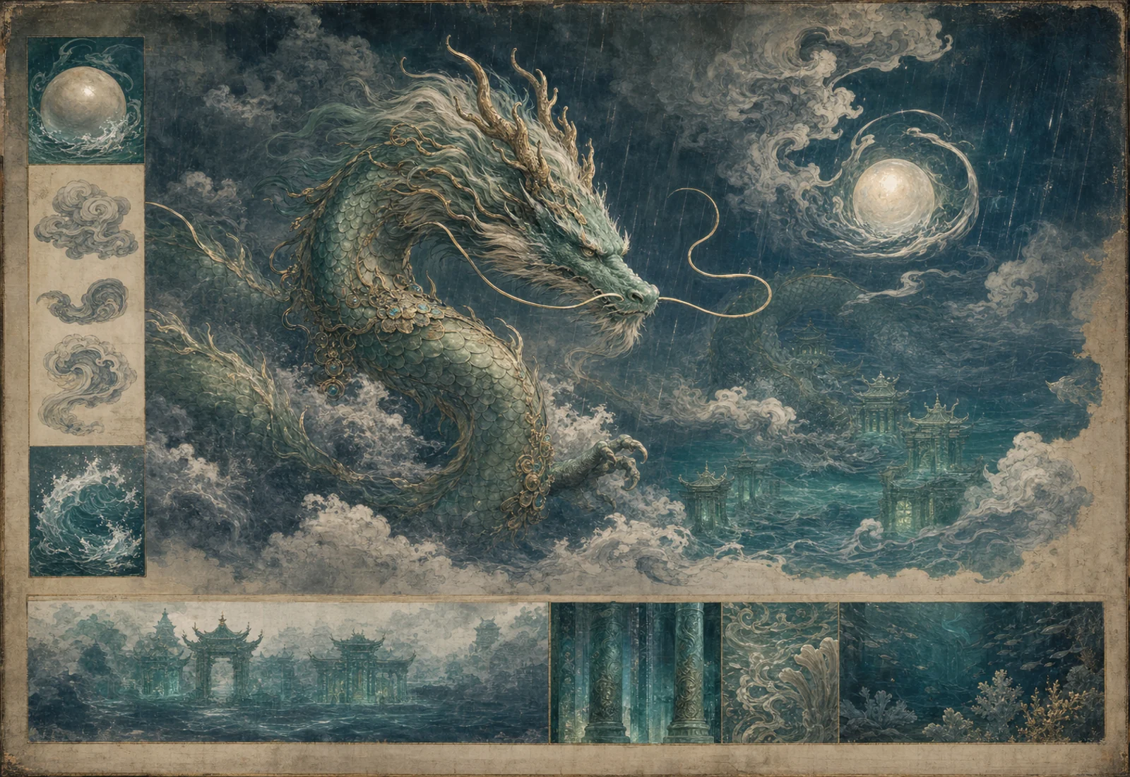 Archival-style water-court plate showing Dragon King as an eastern sea dragon with rain, wave, pearl, and palace studies.