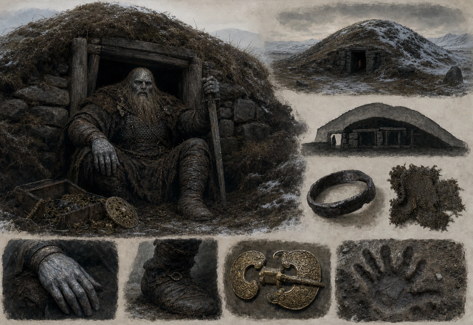 Archival-style mound-revenant plate showing Draugr in a burial doorway with hands, ring, turf mound, coins, and stone studies.
