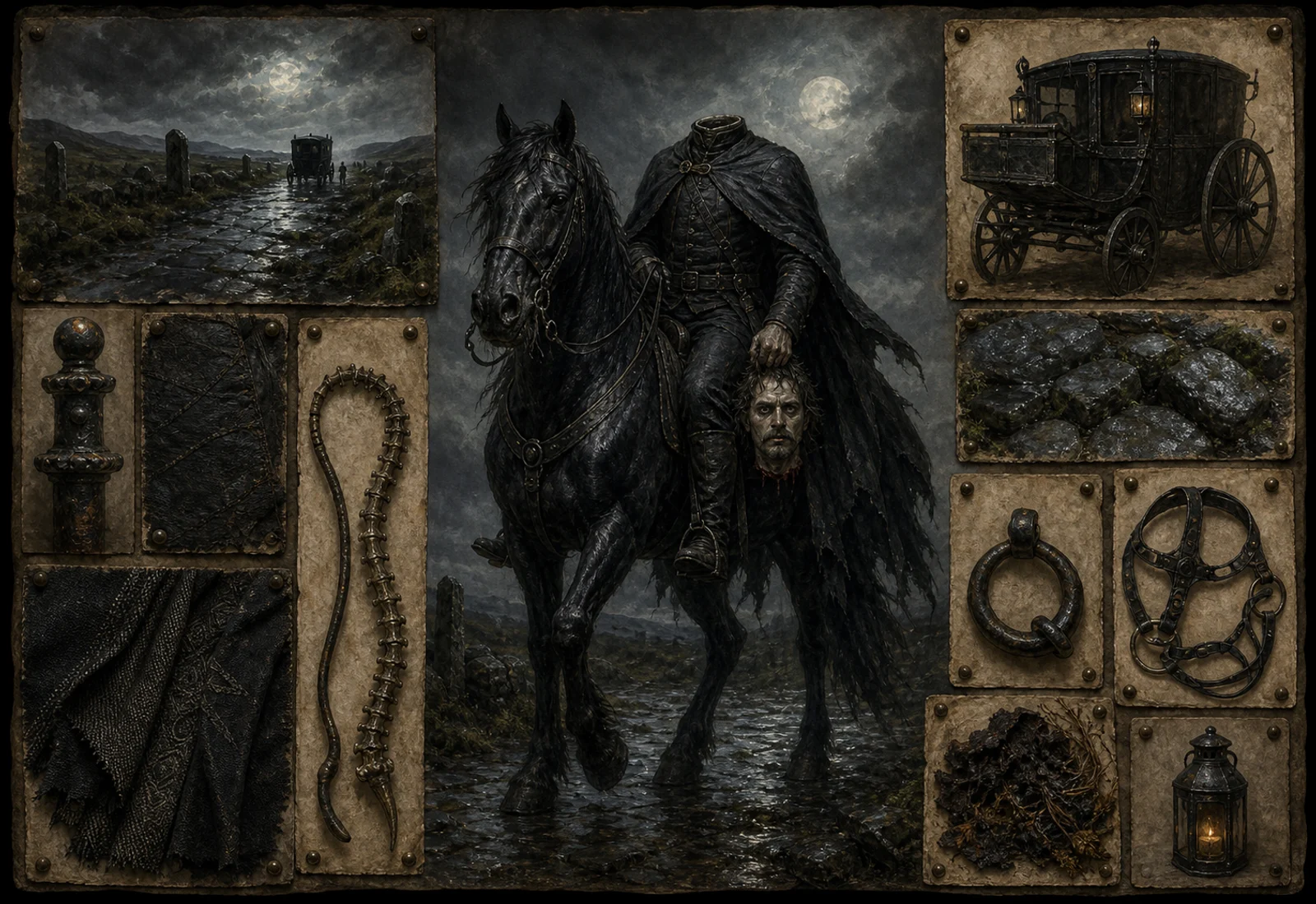 Archive reference plate of Dullahan with black horse, coach, carried head, tack, and road studies.