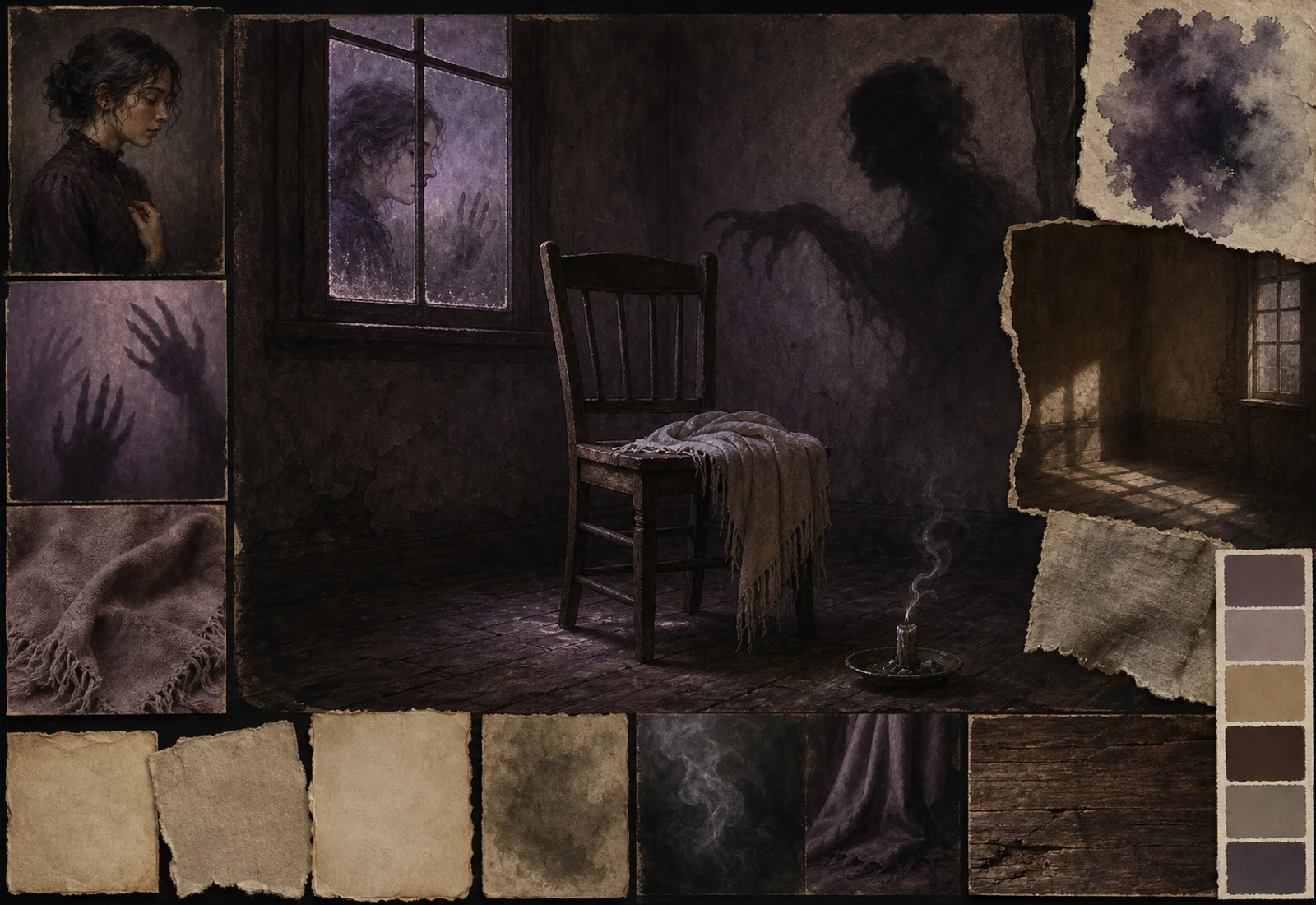 Archival-style haunted-room plate for Dybbuk with empty chair, shadow, window, hand studies, and dark domestic fragments.