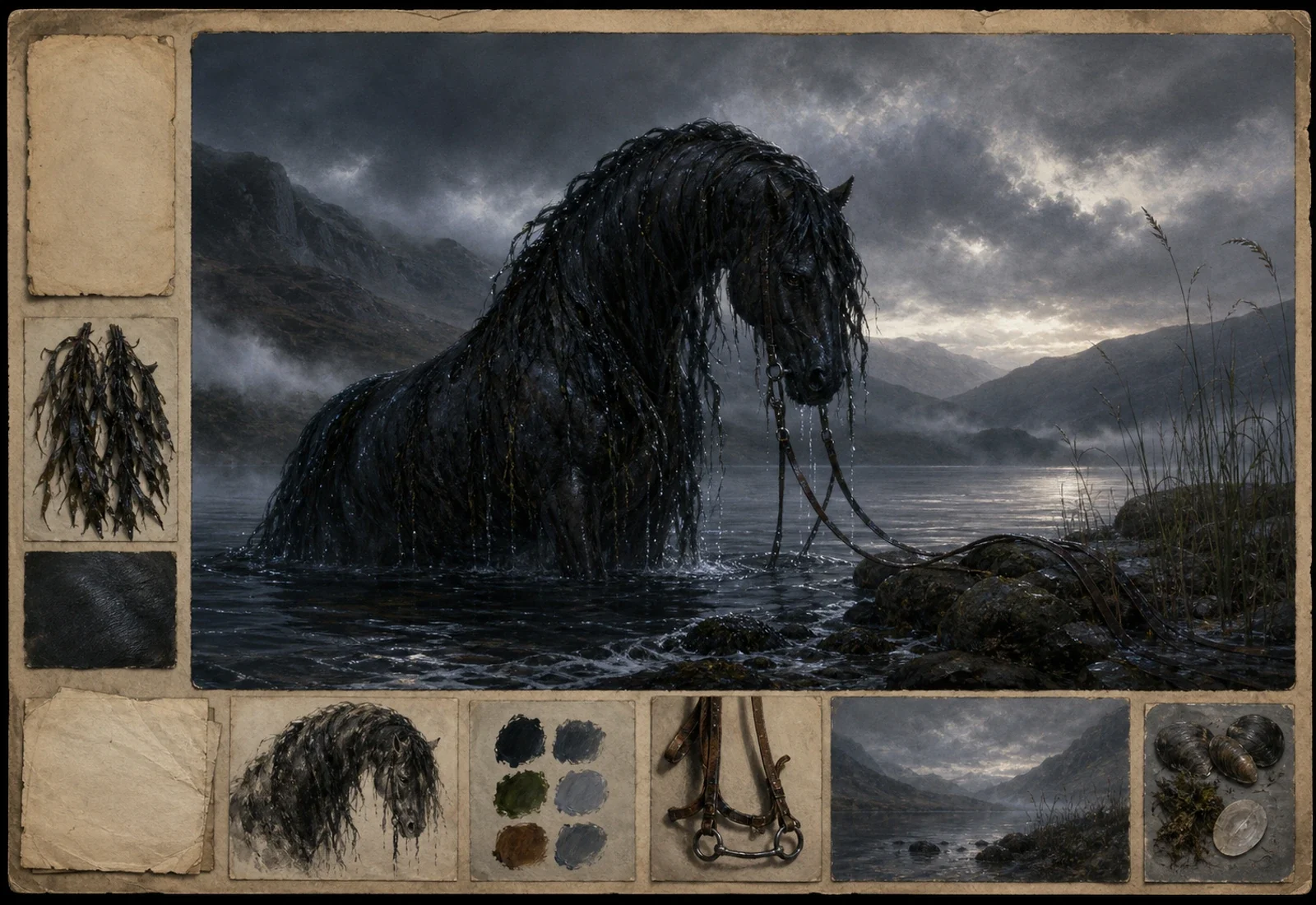 Archival-style Highland water-horse plate for Each-uisge with dark loch, wet horse, reeds, bridle, hoof, and storm studies.
