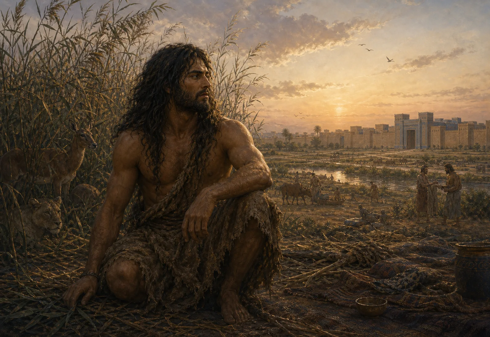 Archival-style wild companion plate for Enkidu with reeds, riverbank, animal tracks, distant city walls, and earth-toned studies.