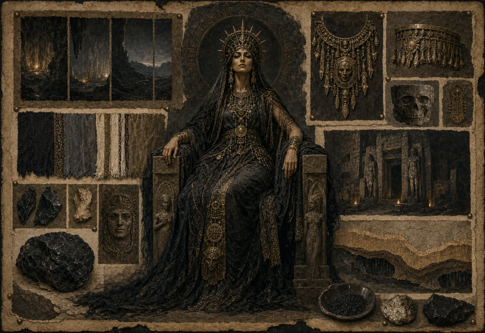 Archive reference plate of Ereshkigal in a dark underworld court with stone and mineral studies.