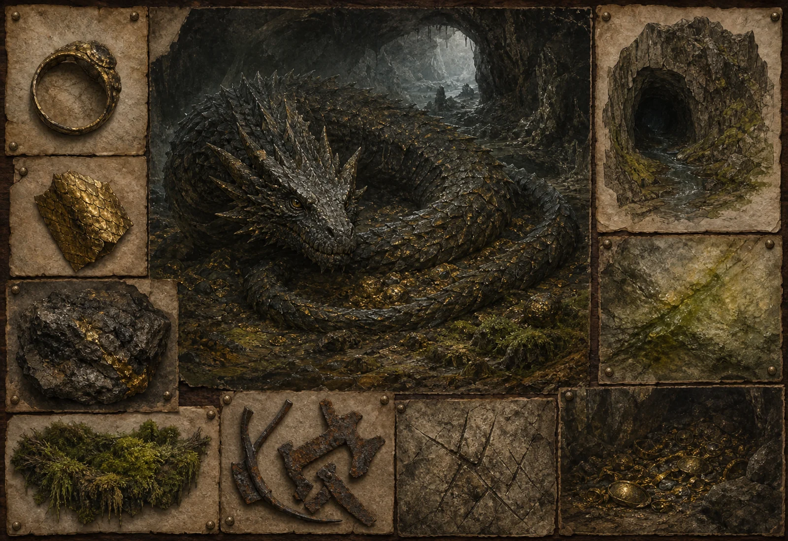 Archive reference plate of Fafnir as a hoard dragon with cave, scale, claw, and cursed treasure studies.