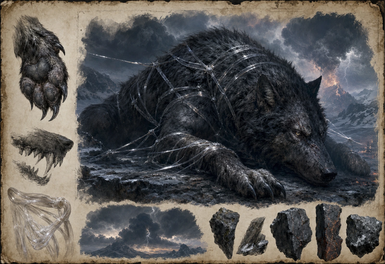 Archival-style illustration of Fenrir as a bound wolf with chain studies and a cold Norse landscape.