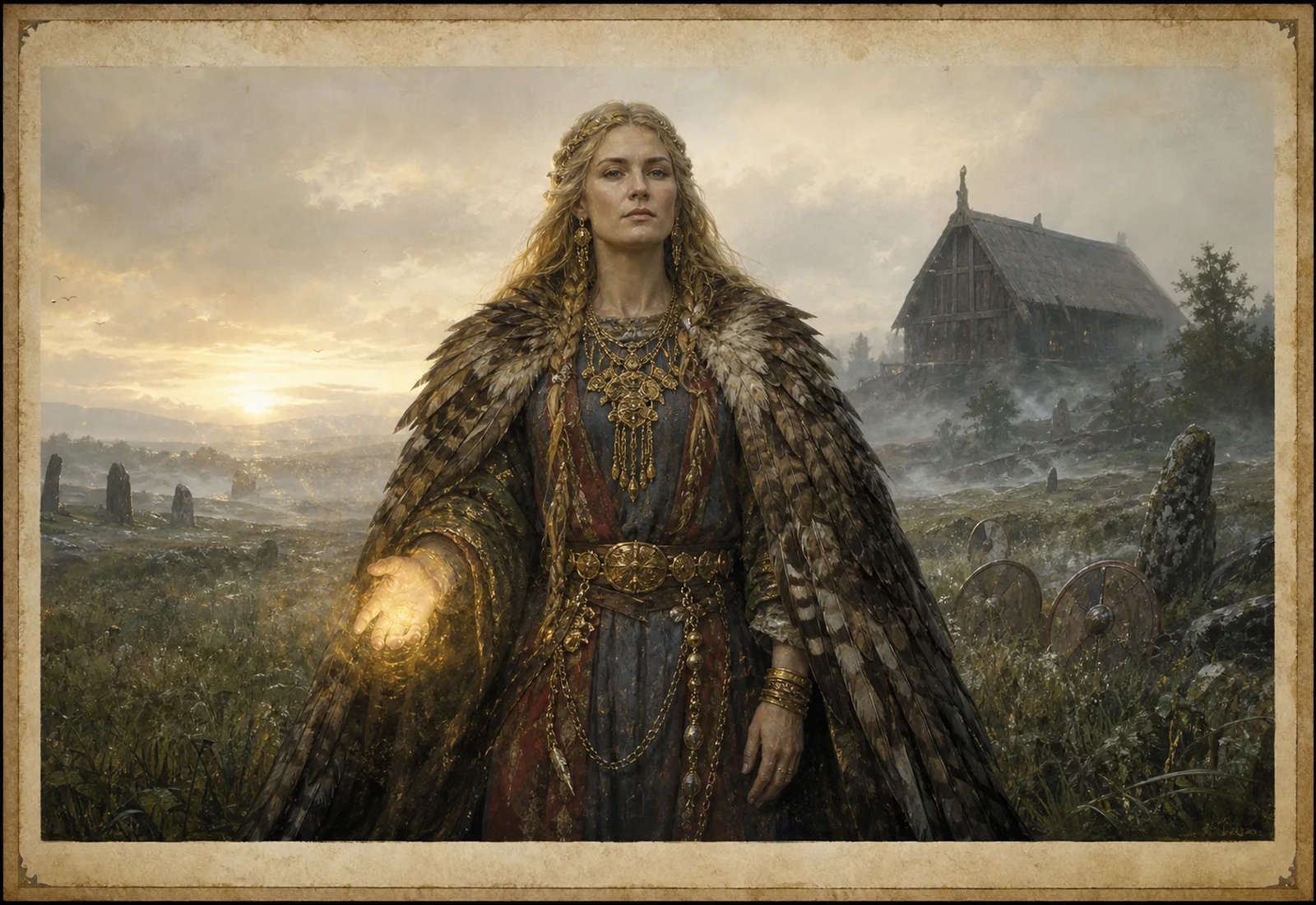 Archival-style Norse field plate showing Freyja with gold light, feathered cloak, meadow, hall, mist, and distant standing stones.