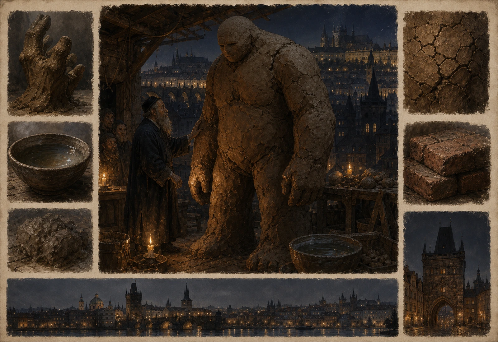 Archival-style illustration of the Golem of Prague as a clay guardian with Prague street and clay texture studies.