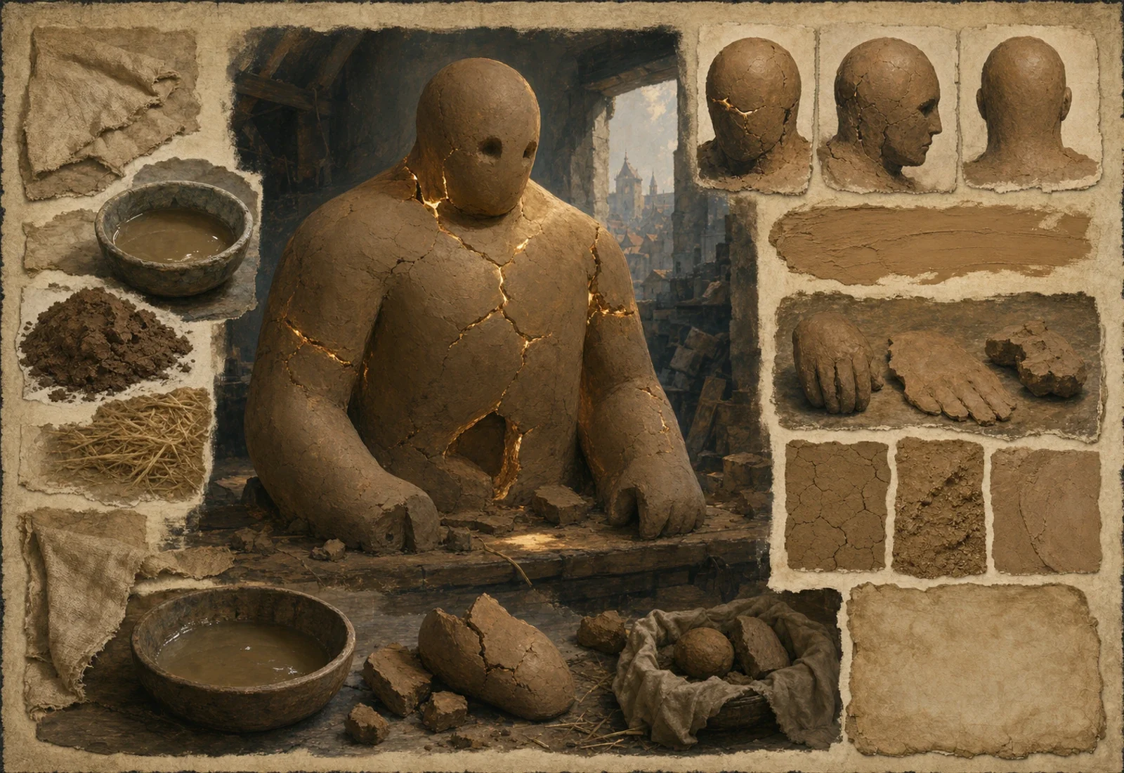 Archival-style clay-workshop plate for Golem with blank clay figure, bowls, earth, hands, and unmarked study panels.