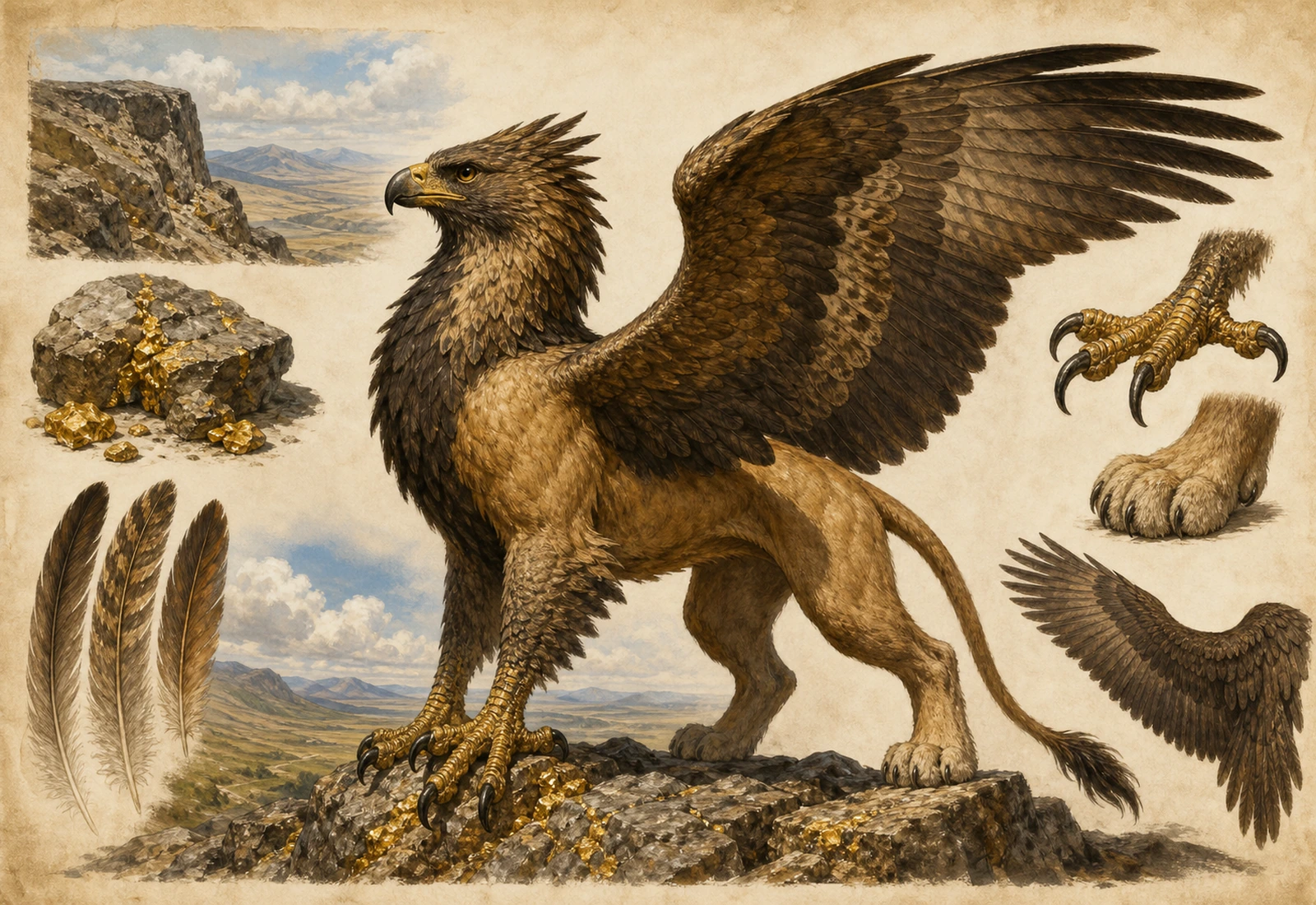Archival-style guardian-beast plate showing a griffin with eagle wings, lion body, talon, feather, gold, and cliff studies.