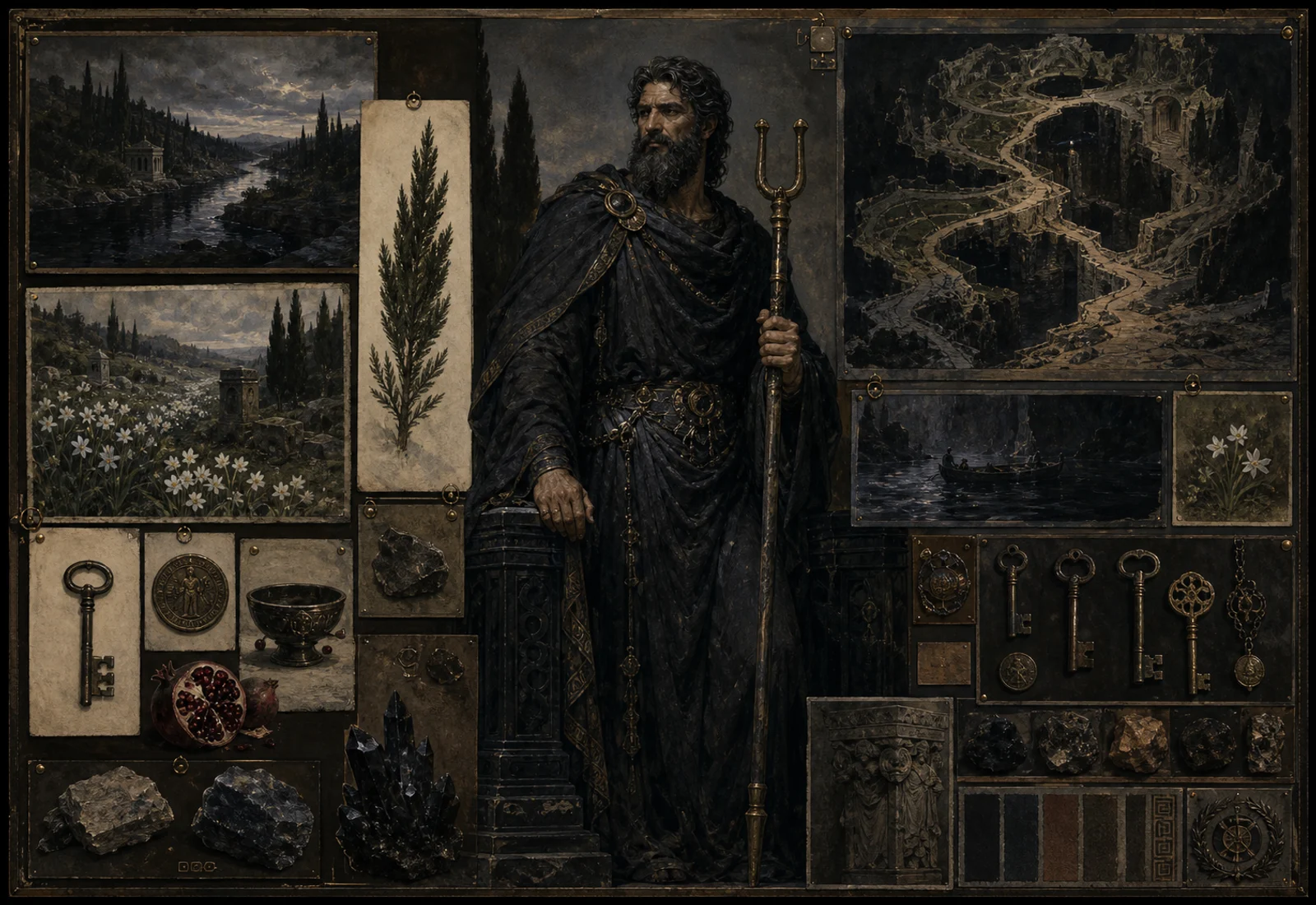 Archival-style underworld plate for Hades with dark ruler, cypress, keys, gates, river shadow, and chthonic wealth studies.