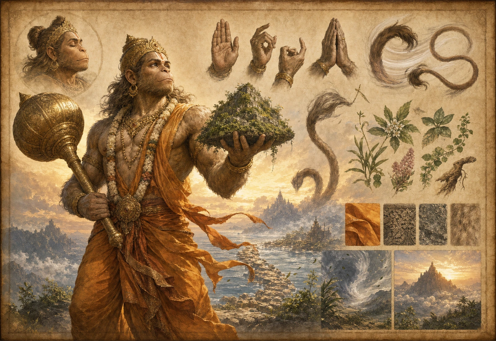 Archival-style illustration of Hanuman with a mountain-herb motif, wind studies, and warm epic landscape fragments.
