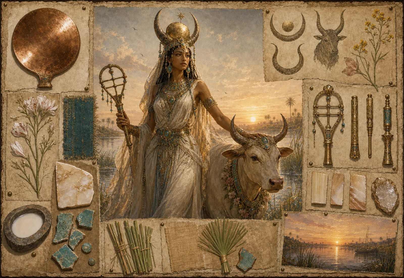 Archive reference plate of Hathor with cow imagery, sistrum, lotus, copper mirror, and Nile light studies.