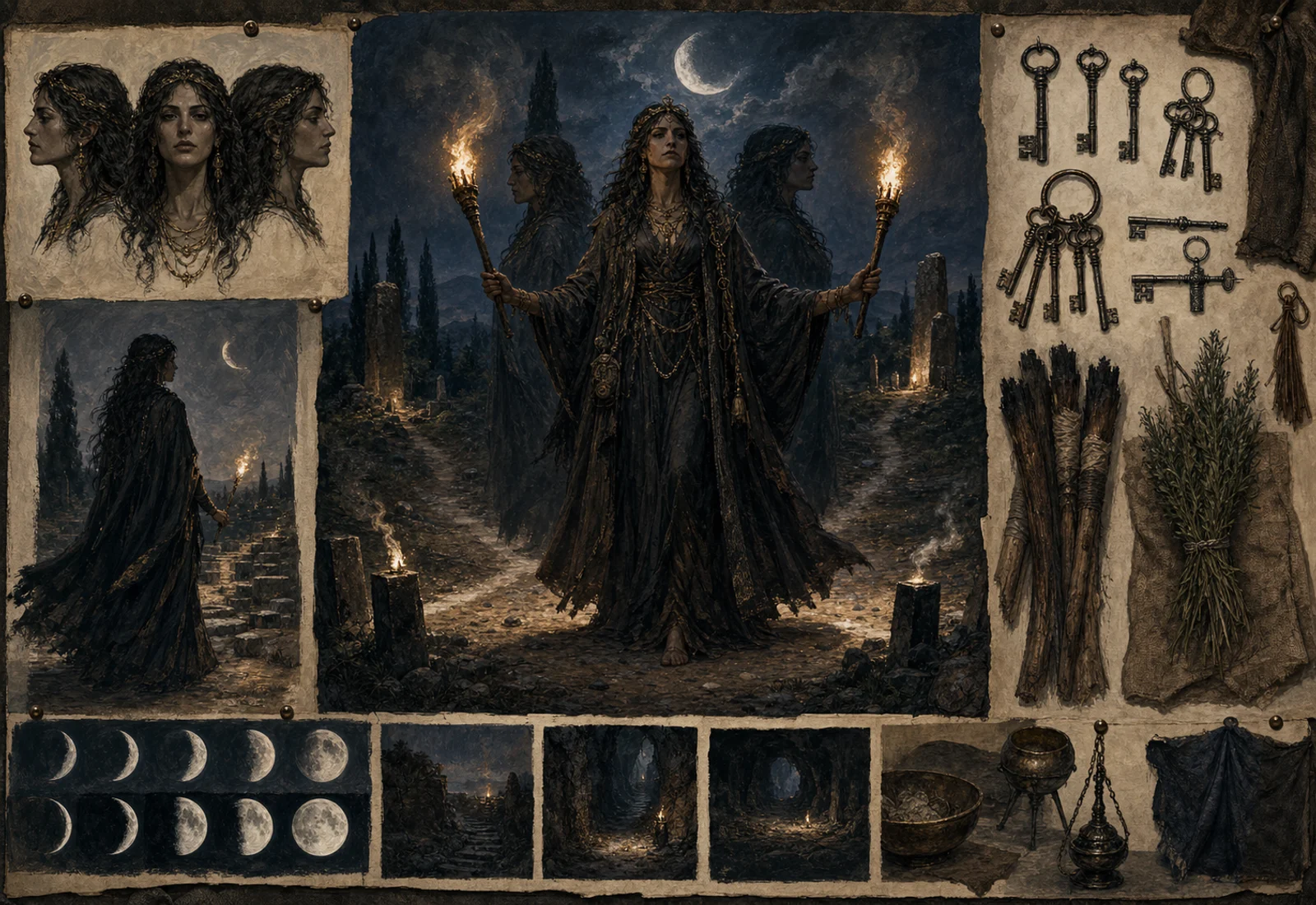 Archive reference plate of Hecate with torches, crossroads, keys, moon phases, and night studies.